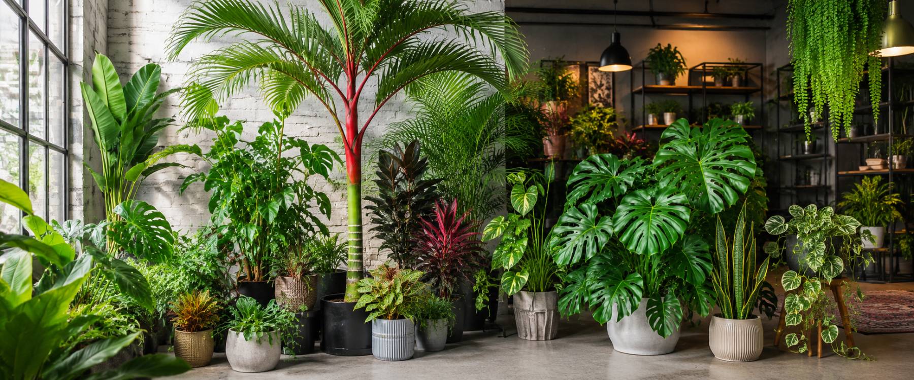 A corner of a home full of thriving plants — palms, monstera and ferns in mixed pots, floor to ceiling.