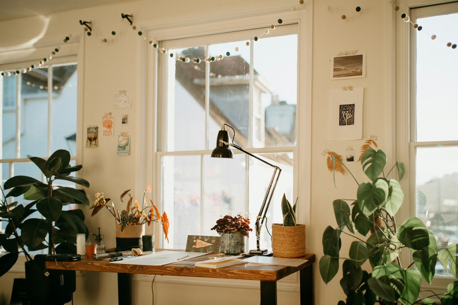 Wooden desk under tall windows with leafy houseplants, a desk lamp, and a felt-ball garland